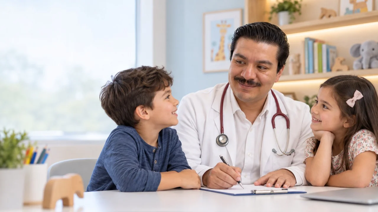 Dr. Gelacio Jiménez con un niño y una niña en el consultorio